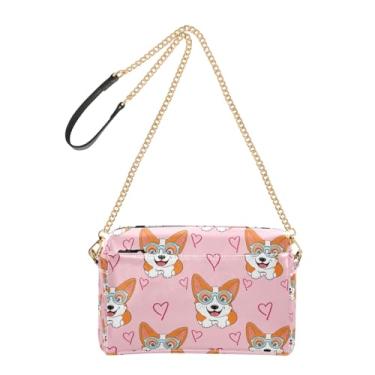 Imagem de Playful Corgis Dogs Pink Cross Body Bolsa feminina de couro PU bolsa de ombro alça de corrente bolsa para celular fofa