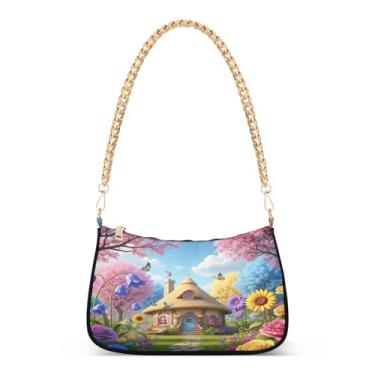 Imagem de Bolsa de ombro colorida vibrante com corrente de chalé, bolsa de mão média com estampa artística para mulheres, bolsa Hobo Clutch para uso diário e noturno
