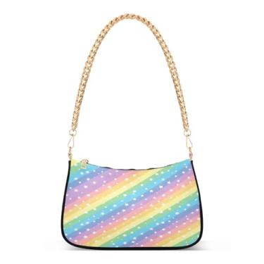 Imagem de Bolsa de ombro listrada colorida arco-íris pastel, linda bolsa Hobo média para mulheres, bolsa moderna com grande capacidade e vários estilos de transporte