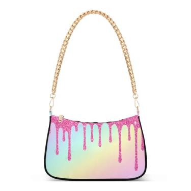 Imagem de Bolsa de ombro com corrente de gotejamento arco-íris de desenho animado, bolsa Hobo moderna para mulheres, bolsa média clutch para uso diário e festa