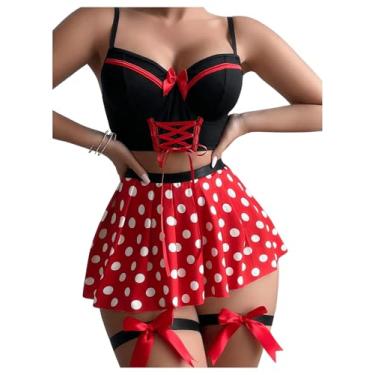 Imagem de WDIRARA Conjunto de lingerie feminina de 5 peças, saia de bolinhas com liga, Preto e vermelho, M