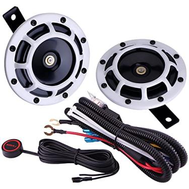 Imagem de AOLIHAN Kit de buzinas duplas de carro, buzina de trem para carro, alto-falante de buzina redonda alta, kit de buzina de disco de metal para qualquer veículo de 12 V (buzina branca com fio e botão)