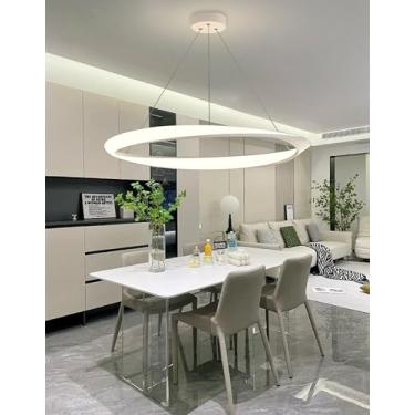 Imagem de Lustre pendente LED moderno com controle remoto, design em anel e altura ajustável, ideal para sala de jantar e cozinha (branco).