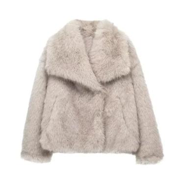 Imagem de Casaco Feminino De Pele Sintética Preta Manga Longa Quente Outono Inve