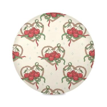 Imagem de Wassud Jogo americano vermelho brilhante cerejas corações tapetes de mesa redondos para cozinha e jantar tapetes laváveis resistentes ao calor decoração de mesa 39 cm