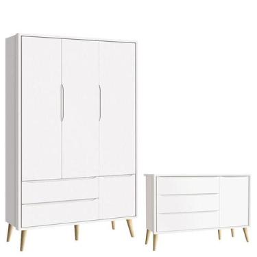 Imagem de Cômoda Infantil com Porta e Guarda Roupa 3 Portas Theo Branco Acetinad