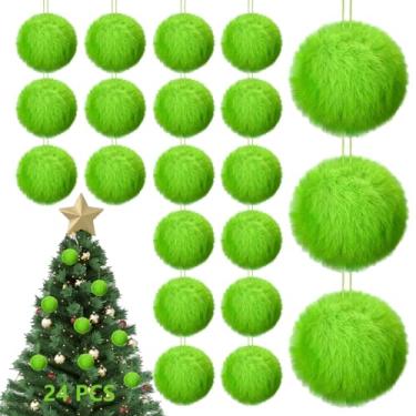 Imagem de 24 peças de enfeites de bola de Natal peluda verde limão para decoração de árvore verde de Natal para pendurar enfeites de bola de pompom de pele sintética macia para festa de Natal, árvore e
