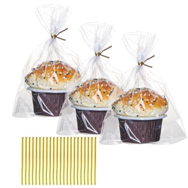 Imagem de Pacote com 100 sacos de muffin de celofane com laços dourados de fundo plano de grau profissional para cupcakes, macarons e guloseimas de chocolate (serve para biscoitos, morangos), embalagem