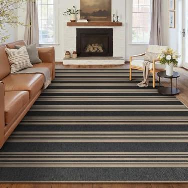 Imagem de PureCozy Tapete listrado de juta fácil, 20 x 25 cm, preto, lavável, antiderrapante, para quarto, casa de fazenda, neutro, não cai, tapete grande para sala de jantar, embaixo da mesa, escritório