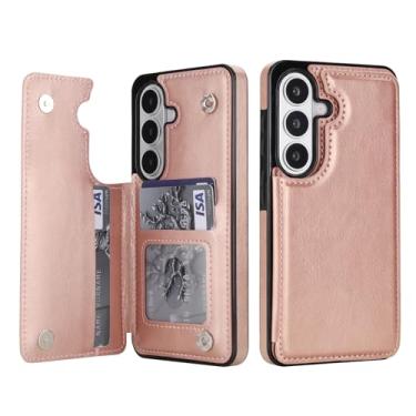 Imagem de Capa carteira para Samsung Galaxy S26, capa fina de couro com compartimentos para cartões e fecho magnético, recurso de suporte, capa protetora de TPU para uso diário, negócios e viagens (ouro rosa)