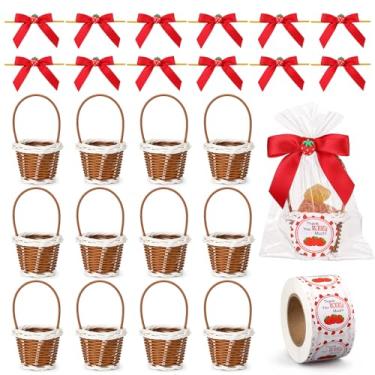 Imagem de LemonRoad 12 peças de mini cesta de tecido com alça, decorações de primeiro aniversário de morango, inclui fita de laço, adesivos de agradecimento, sacos de opp, mini cesta de piquenique de frutas