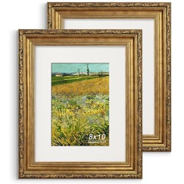 Imagem de GiftMust Moldura dourada antiga, 20 x 25 cm, moldura ornamentada em relevo com tapete de papel e vidro verdadeiro, adequada para 20 x 25 cm sem tapete ou 12 x 17 com tapete, mesa ou suporte de parede