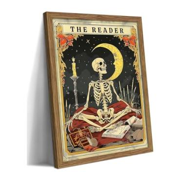 Imagem de Arte de parede emoldurada The Reader Tarot Canvas Wall Art, Skeleton Reader Tarot Card Pictures Wall Decor, Bookish Witchy Library Poster Print Art for Witchy Reading Nook Book Lover Gift 40 x 61 cm