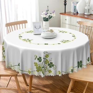 Imagem de TTQYFNM Toalha de mesa redonda para o dia de São Patrício, 177 cm, trevo irlandês, trevo irlandês, toalha de mesa circular, branca e verde, capa de mesa de tecido impermeável para cozinha, jantar