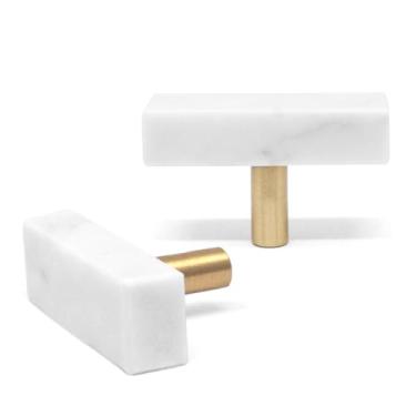 Imagem de YuGtcen 2 peças puxadores de armário de mármore em forma de T, puxador de gaveta decorativo moderno, puxadores de pedra base de latão escovado para armário de cozinha, quarto, cômoda, guarda-roupa