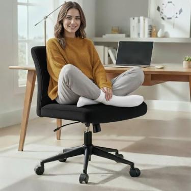 Imagem de NYPOT Cadeira cruzada com rodas – Cadeira de escritório larga sem braços para sentar com pernas cruzadas, vaidade ajustável giratória de 360° e balanço de 120° para casa e escritório (com rodas