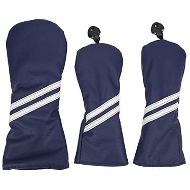 Imagem de Conjunto de capa de cabeça de madeira de golfe listras Cue Headcovers Capas de cabeça de taco de golfe para motorista Fairway Woods Material PU à prova d'água com pelúcia grossa (Azul)