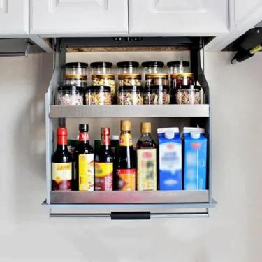 Imagem de Organizador de cozinha prateleira de puxar para baixo, conveniente prateleira de parede de 2 camadas para serviço pesado, armário alto de elevação e organizador dobrável (armário de 35 cm A 52 cm)