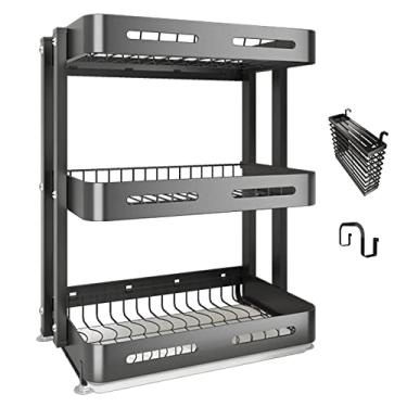 Imagem de Escorredor de pratos de aço inoxidável montado no chão/parede, prateleira de cozinha dobrável sem instalação, camada dupla/tripla, preto (tamanho: D) ()
