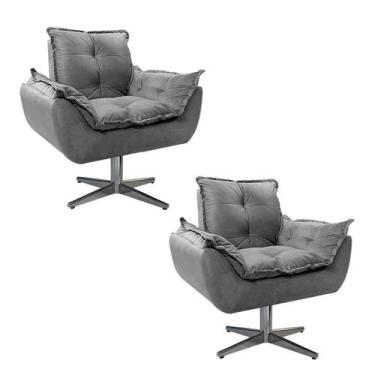 Imagem de kit 02 Poltronas Opala Base Giratória de Metal Suede Cinza - Doce Sonh