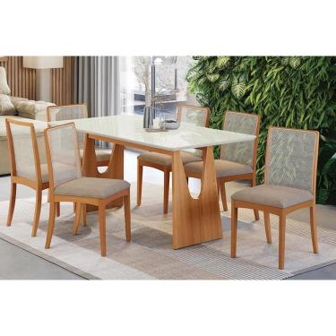 Imagem de Conjunto Mesa Mila Premium Madeira Maciça c/ Tampo Madeirado c/ Vidro 180x90cm e 6 Cadeiras Lara Carvalho/Off White - Boucle Bege Fendi Kappesberg