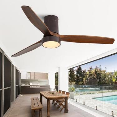 Imagem de Sofucor Ventilador de teto de baixo perfil com luzes de montagem embutida com ventilador de teto com controle remoto ventilador de teto de madeira 3 lâminas de madeira escura reversíveis, motor CC silencioso