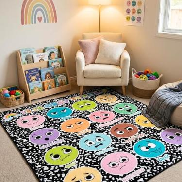 Imagem de Caderno de composição de 101 x 118 cm, tapete para sala de aula, tapete de sala de jogos com gráfico de rostos de emoção, tapete antiderrapante macio para escola, pré-escola, creche, quarto, saúde