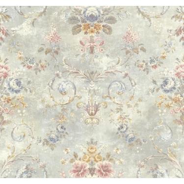 Imagem de Papel de parede vintage Damasco Peel and Stick, revestimento de parede de vinil removível autoadesivo para decoração de parede, medalhão floral tradicional, 17,3 x 118 polegadas, 14,2 pés quadrados