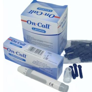 Imagem de Kit Lancetador e 100 Lancetas Para Amostra Sanguínea Glicemia Acon