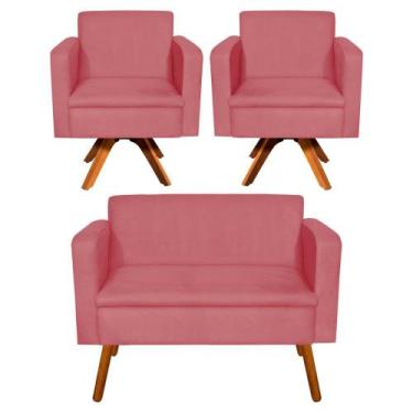 Imagem de Kit 01 Namoradeira e 02 Poltronas Giratória Emília Suede Base Madeira 