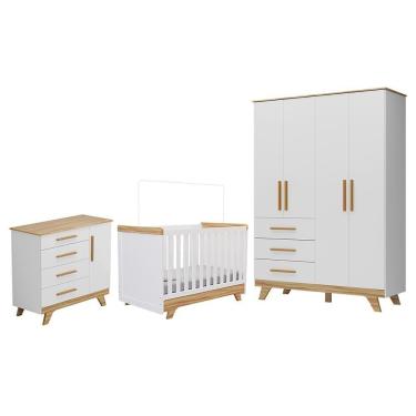 Imagem de Dormitório Infantil Retrô Guarda Roupa, Cômoda E Berço Branco Brilho/amêndoa - Móveis Peroba