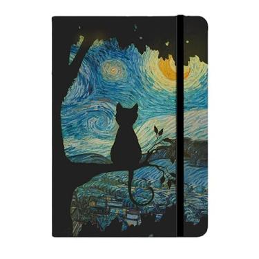 Imagem de Caderno A5 sketchbook capa dura para desenho e anotações, caderneta artística com tema de gatos, caderno sem pauta ou pautado para estudo, organização e uso diário (GATO NA NOITE,COM pauta (para Escrever))