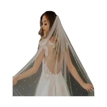 Imagem de Véu De Noiva Elegante Com Pérolas E Pente Acessório Comprimento 75cm 9