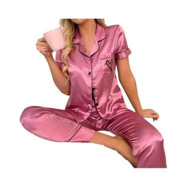Imagem de Conjunto de Pijama Feminino de Cetim - Manga Curta, Botões, Bolso e Bo