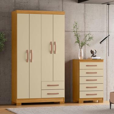 Imagem de Guarda-roupa Solteiro 4 Portas 2 Gavetas e Cômoda 5 Gavetas Itapema Carvalho Americano/Off White