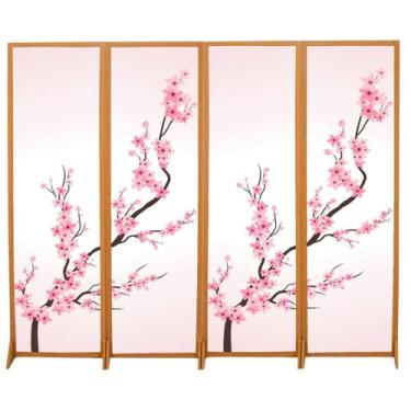 Imagem de 4 Biombo Oriental Japonês Sakura Reto Com Pés Folha Painel Mdf Divisor