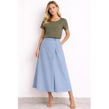 Imagem de Saia Midi Yeji Feminina em Linho com Forro Confortável Cor:Azul ClaroT