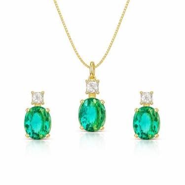 Imagem de Conjunto Colar e Brincos Zircônio Oval Banhado a Ouro 18k - Atraktiva 