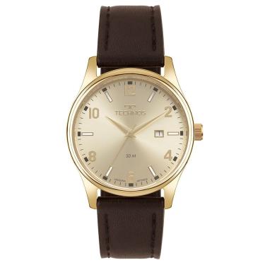 Imagem de Relógio Masculino Steel Clássico em Couro Marrom com Calendário e Resistência 5 ATM Cor Dourado Technos 42MM