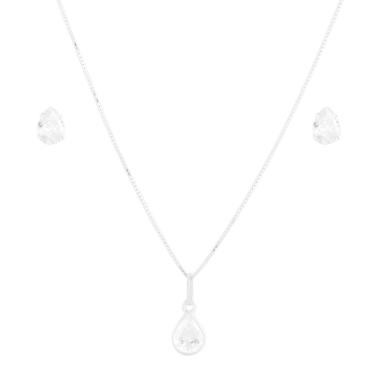 Imagem de Conjunto Corrente Colar 45cm Gota Brincos Em Prata 925