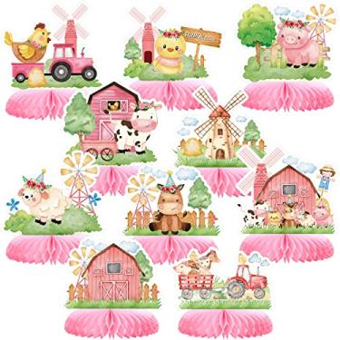 Imagem de 10 Pcs Pink Farm Animals Honeycomb Centerpieces Pink Farm Themed Table Toppers Barnyard Farm Party Decorations for Girls Birthday Baby Shower Indoor and Outdoor Party Decorations