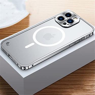 Imagem de Capa de telefone magnética de metal para iPhone 12 13 14 Pro Max Mini para iPhone 14Plus para carregamento sem fio Capas foscas de alumínio, prata, para iphone 12pro max