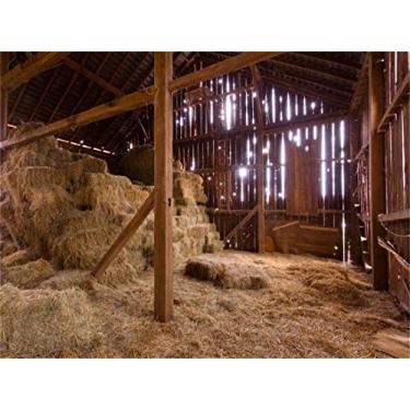Imagem de AOFOTO 2,4 x 1,8 m Pano de fundo para fotografia de presépio de celeiro rústico casa de fazenda feno nascimento de Jesus Cristo palha fardos de feno fundo rural feno fazenda fazenda decoração de festa de natal adereços de estúdio fotográfico vinil