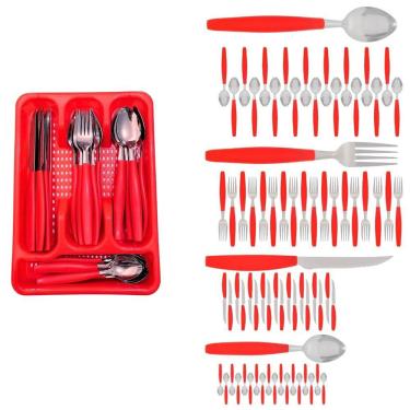 Imagem de Kit Faqueiro Inox Berlim 72 Pçs C/ 3 Porta Talheres Vermelho