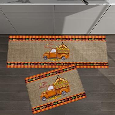 Imagem de Conjunto de 2 tapetes de cozinha para caminhão de Ação de Graças Peru Laranja Listrado Folhas de Outono para Tapetes Acolchoados no Chão e Tapetes Antiderrapantes Absorventes Passadeira Confortável Tapete Permanente