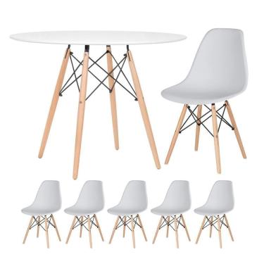Imagem de Mesa Redonda Eames 100cm Branco + 5 Cadeiras Cinza Claro