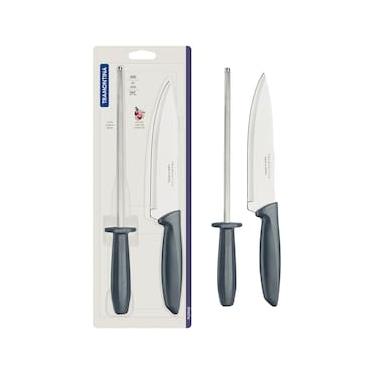 Imagem de Conjunto Faca Chef e Chaira Tramontina Plenus Cinza - 2 Peças