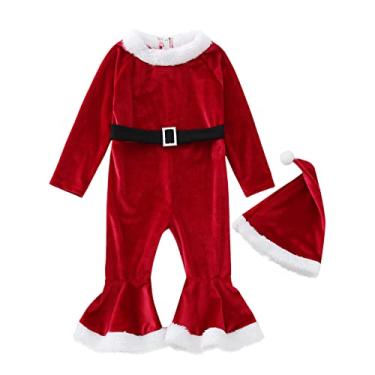 Imagem de Macacão de lã infantil para meninas de Natal de manga comprida com sino, roupas de verão para meninas, Vermelho, 18-24 Months