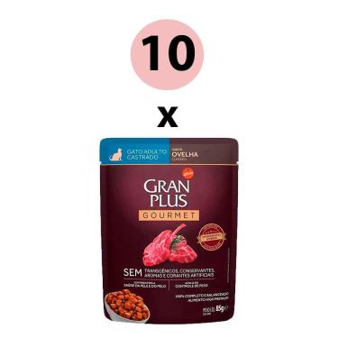 Imagem de KIT 10 Ração Úmida Gran Plus Gourmet Gatos Castrados Ovelha Sachê 85g