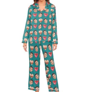 Imagem de JUNZAN Conjunto de pijama feminino de manga comprida personalizado vermelho rosa cetim 2 peças loungewear abotoado pijama feminino, Azul-petróleo, P